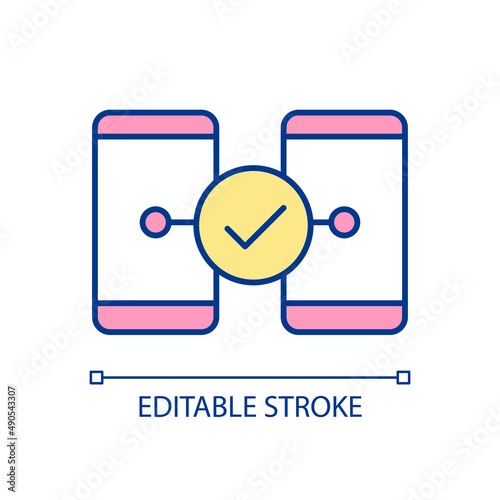 Connected smartphones RGB color icon. Mobile phone sync. Sharing information and data. Sync software. Isolated vector illustration. Simple filled line drawing. Editable stroke. Arial font used