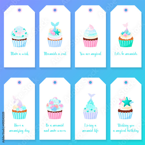 Set of cute birthday gift tags. Illustrations of sweet muffins decorated with cream, pearl sprinkles and mermaid tails. Vector 10 EPS.