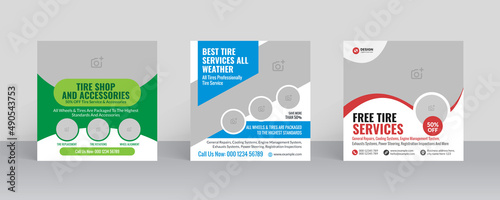 Tire service and accessories shop social media post template with web banner layout design