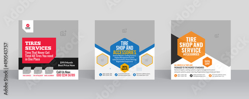 Tire service and accessories shop social media post template with web banner layout design