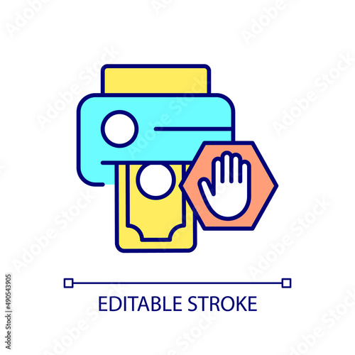 Exchange crypto for cash banned RGB color icon. Converting cryptocurrency into physical money. Isolated vector illustration. Simple filled line drawing. Editable stroke. Arial font used