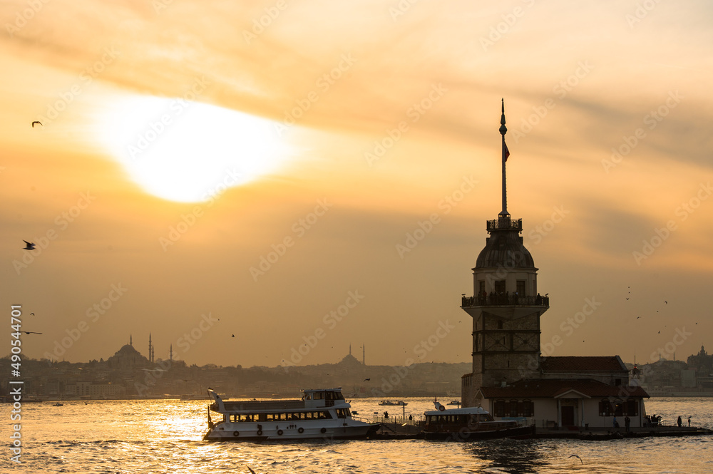 Sunset view of the Maiden Tower in Istanbul from the Asian side
