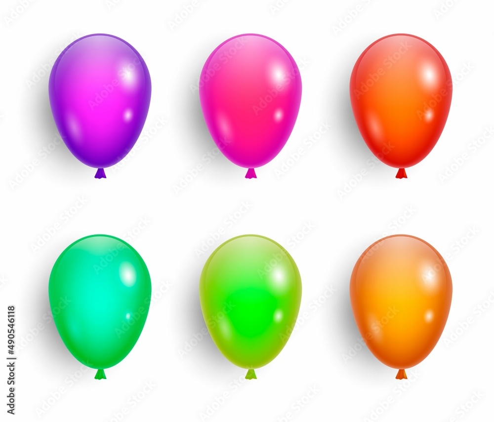 Set of balloons six colors: orange, purple, yellow, red, green, pink. Isolated. Vector