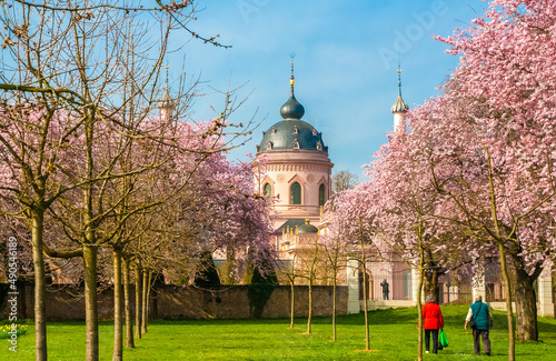 Gorgeous view of two old people walking under the blooming Japanese ornamental cherry trees (Prunus serrulata) towards the famous garden mosque of Schwetzingen Palace, Baden-Württemberg, Germany.