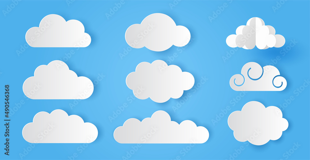 Set of cloud on blue sky background. Paper cut style. Vector illustration Set of cloud on blue sky background. Paper cut style. Vector illustration