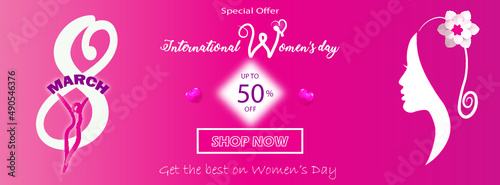 International Women's day sale ad facebook cover or  web ad sale banner,  pink,  white, vector, shop now,  resizeable header template  photo