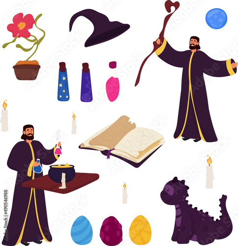 Medieval wizard - sorcerer and his magic tools