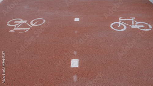 Foto Bicycle sign on asphalt street, Walk ways bike lane with symbol on road, Cycling is a common mode of transport in Holland, Netherlands land of bicycle