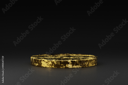 Simple blank black gradient background with luxury premium grungy golden product display platform. Empty studio with gold circle podium pedestal on a black backdrop. 3D rendering
