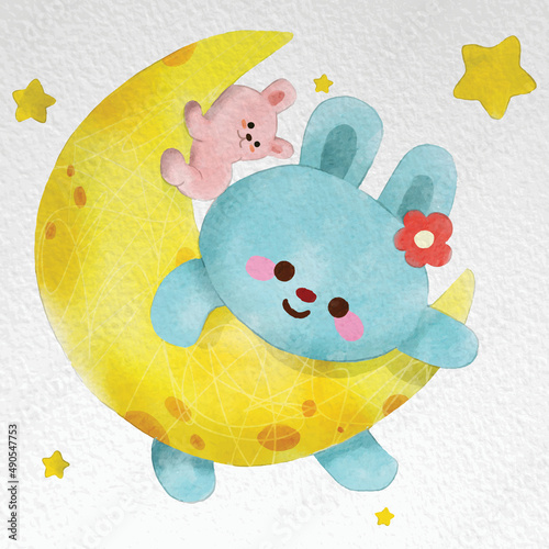 Watercolor cute rabbit and the moon clipart photo