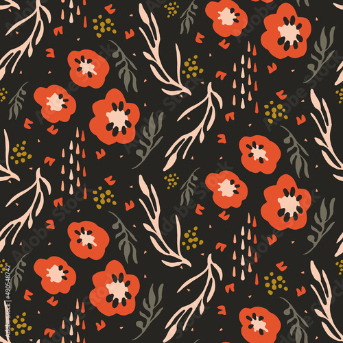 Dark boho flowers seamless pattern in trendy ditsy wildflower style. Hand drawn organic botanical fashion print. Modern summer garden bloom in vintage cottage core trend color