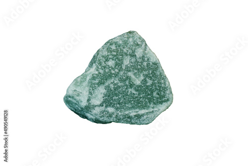 Cut out a raw specimen of green Aventurine stone isolated on white background. Lucky Opportunity Prosperity stone.