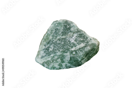 Cut out a raw specimen of green Aventurine stone isolated on white background. Lucky Opportunity Prosperity stone.