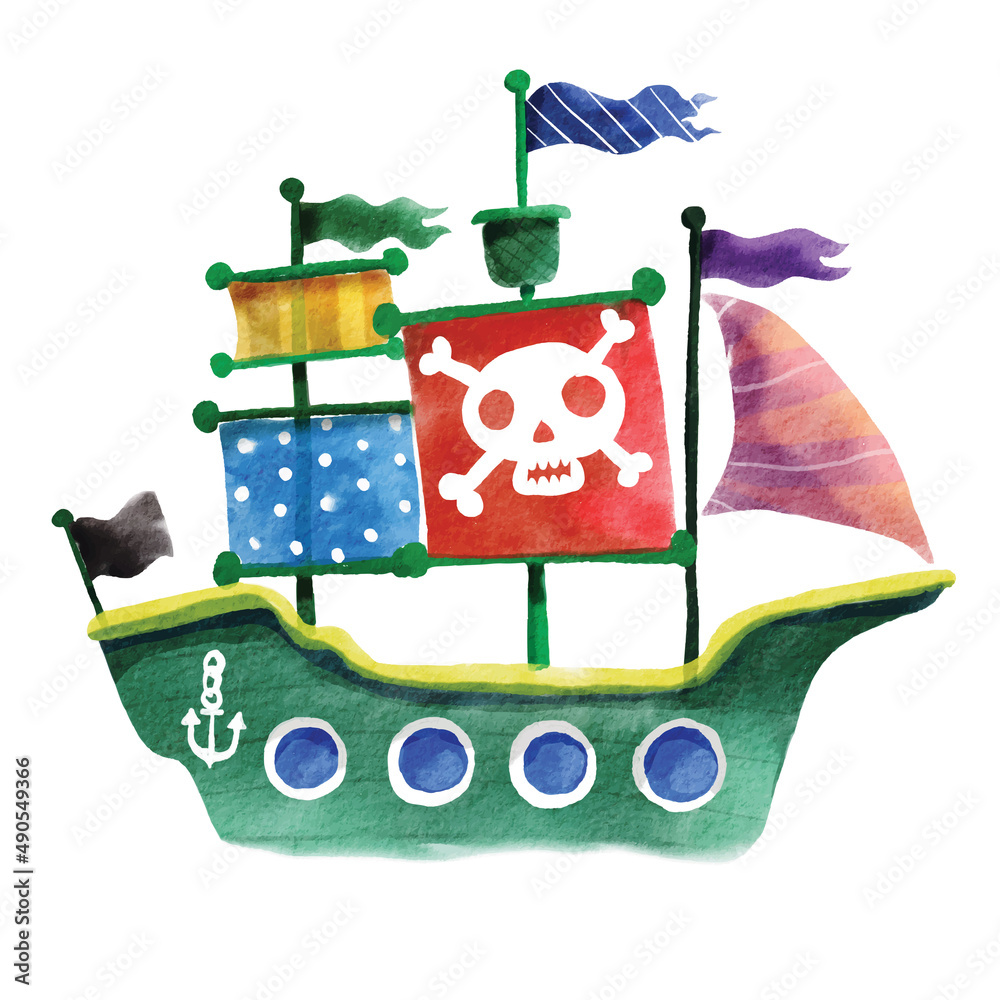 Watercolor cute Pirate Ship clipart Stock Vector | Adobe Stock