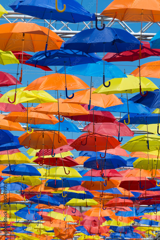 Street decorated with colored umbrellas
