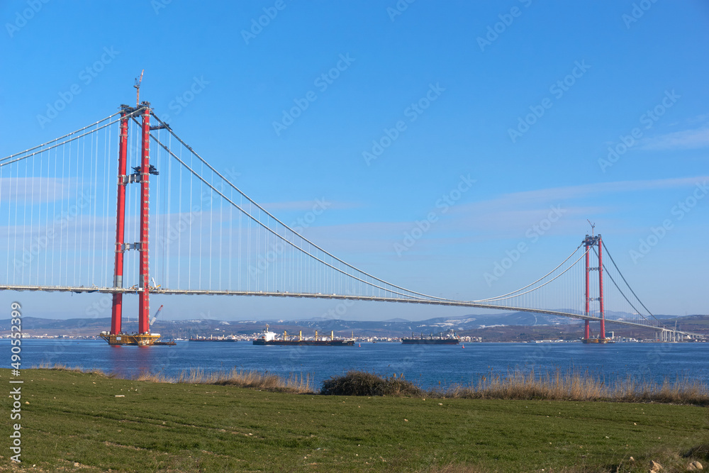 Canakkale, Turkey - 26 January 2022: The Canakkale 1915 Bridge will be one of the longest bridges in the world.It is being built over the Dardanelles Strait in the Canakkale, Turkey.