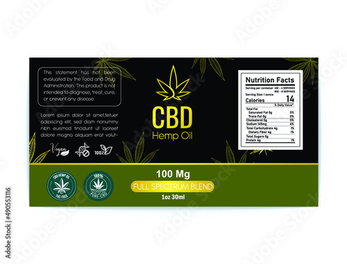 CBD hemp oil label, thc free with gold color CBD logo vector illustration 