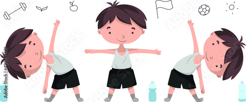 Vector kid in a gray tank top and black shorts goes in for sports