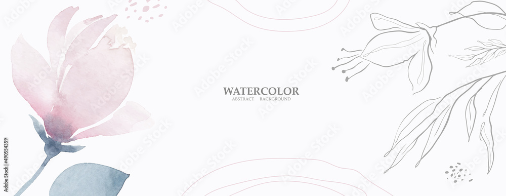 Abstract art background in white blue and pink pastel colors. Minimal style botanical wallpaper with flowers and leaves, Watercolor organic shapes. Vector background for banner, poster.