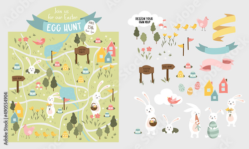 Cute Easter Egg hunt design, map for children, hand drawn with cute bunnies, eggs and decorations - great for invitations, banners, wallpapers - vector
