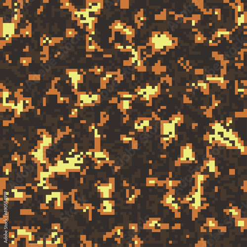 Digital lava flow camo, seamless black orange pattern for your design. Camouflage sporty fiery coloring, modern fabric print. Abstract repeating wallpapers. Vector pixel art texture