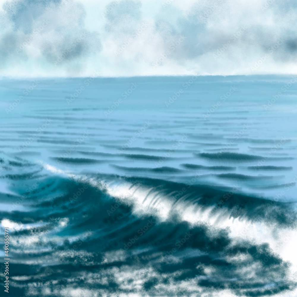 watercolor drawing sea waves, hand drawn illustration