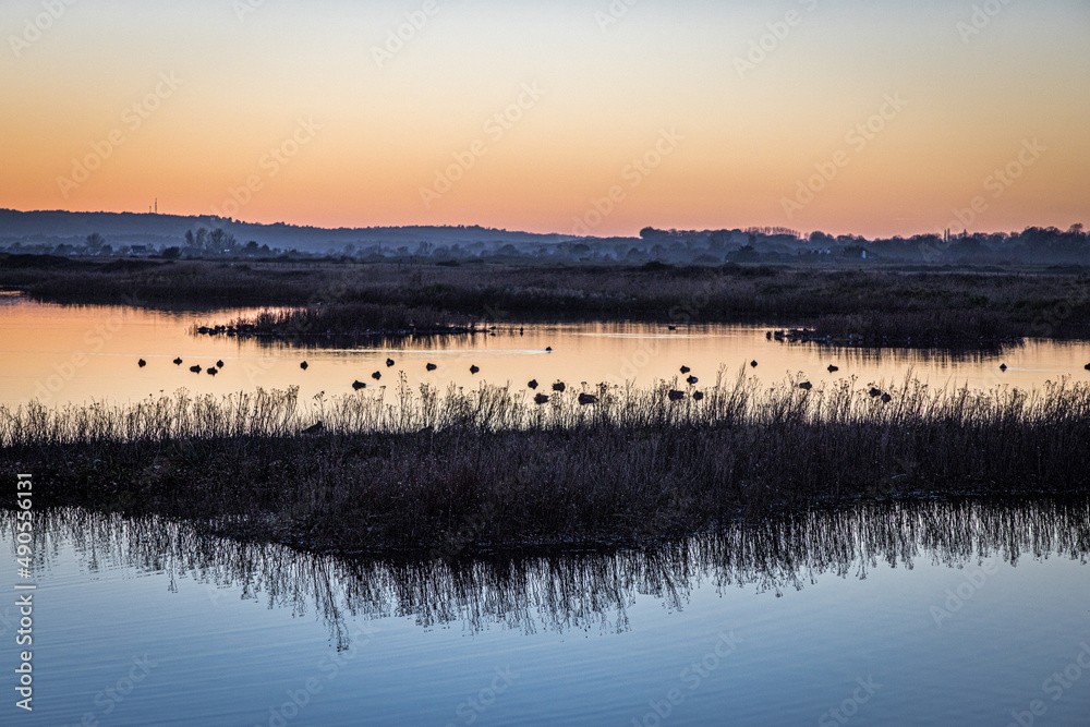 Sunset over Rye Harbour Nature Reserve, East Sussex, England