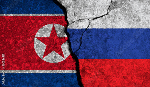 Political relationship between North Korea and russia. National flags on cracked concrete background