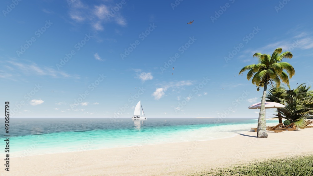 Blue sky over the sea and beach. Waves washing the sand. Palm trees on the caribbean tropical beach. Vacation travel background. 3d rendering.
