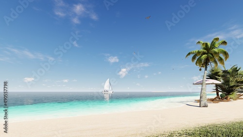 Blue sky over the sea and beach. Waves washing the sand. Palm trees on the caribbean tropical beach. Vacation travel background. 3d rendering. 