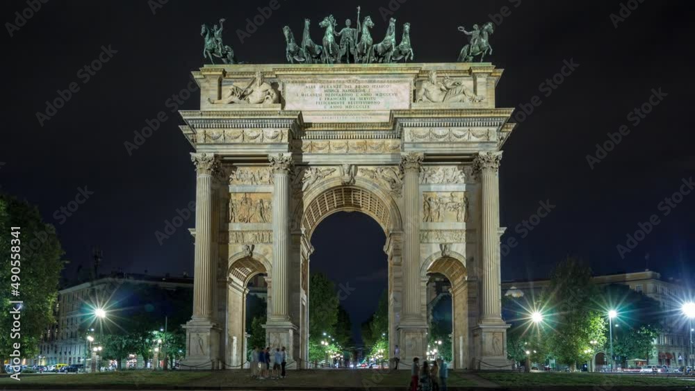Arch of Peace in Simplon Square timelapse hyperlapse at night. It is a neoclassical triumph arch