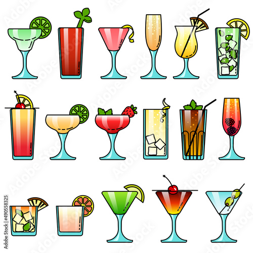 Popular colorful alcohol cocktail drink glasses icon set for menu, party, branding, web, app design in cartoon style. Isolated objects vector illustration