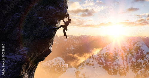 Adult adventurous man Rock Climbing a steep rocky cliff. Extreme adventure composite. 3d rendering mountain artwork. Aerial background landscape from British Columbia, Canada. Sunset Sky photo