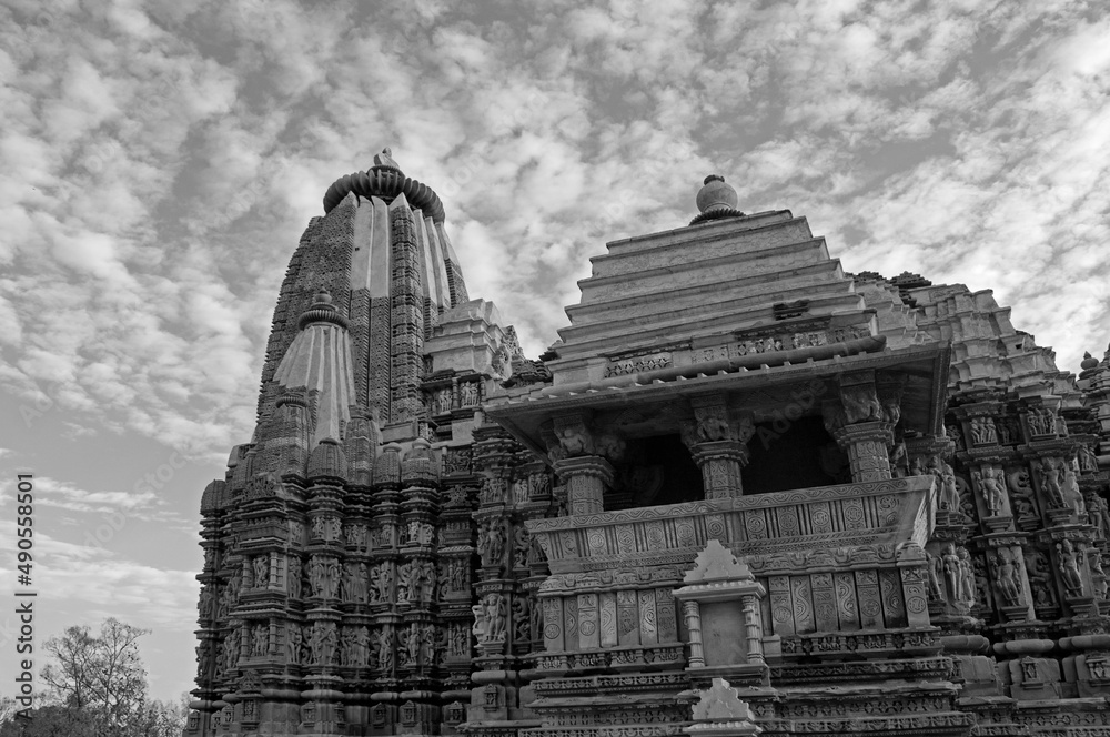 Black and white Devi Jagdambi Temple, dedicated to Parvati, Western Temples of Khajuraho. UNESCO world heritage site.