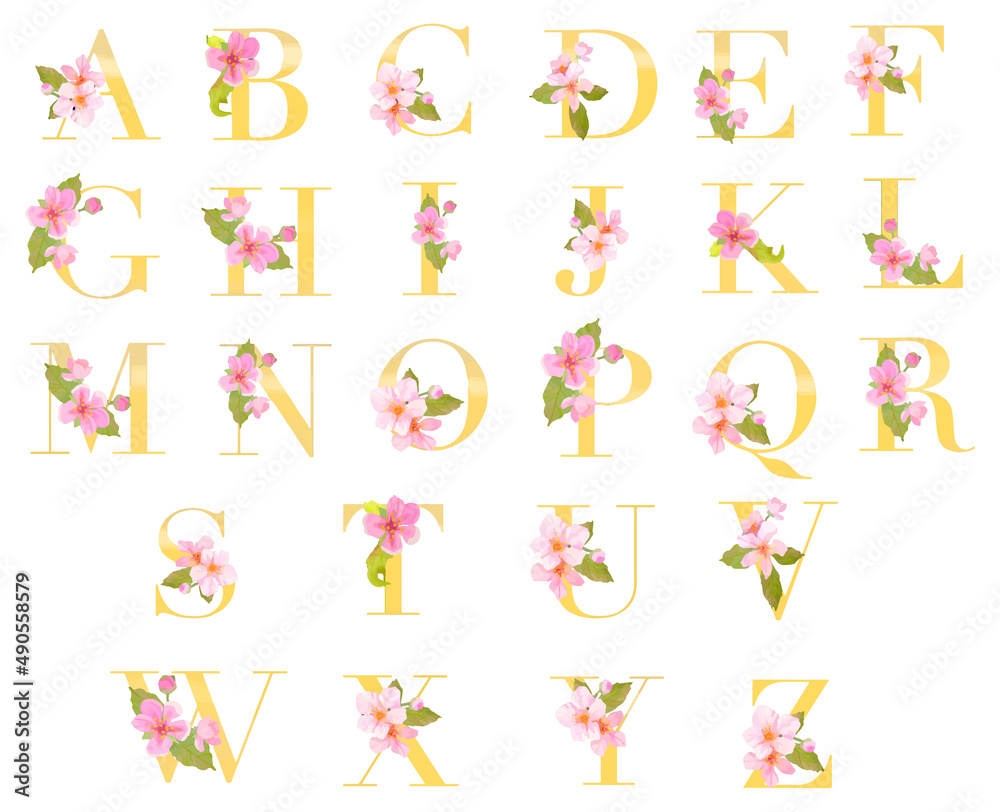 Golden Alphabet with Cherry blossom flower watercolor for wedding card