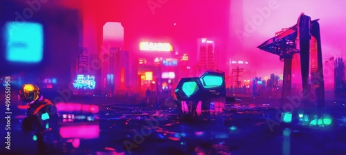 Canvas Strange abstarct futuristic construction against blurred neon city of a future