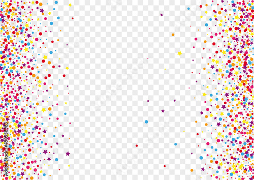 Colorful Confetti Background Transparent Vector. Element Celebrate Template. Bright Decor. Rainbow Polka Fest. Dot Congratulation Frame.