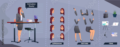 Character Set For Animation with Emotions And Poses Woman Wearing Gray Suit Premium Vector