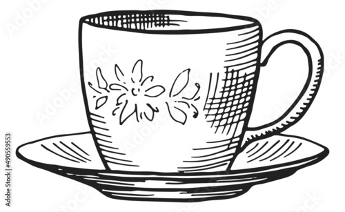 Teacup engraving. Tea cup and saucer in hand drawn style