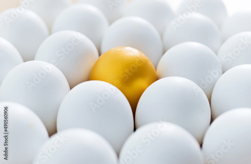 Single golden egg among white eggs