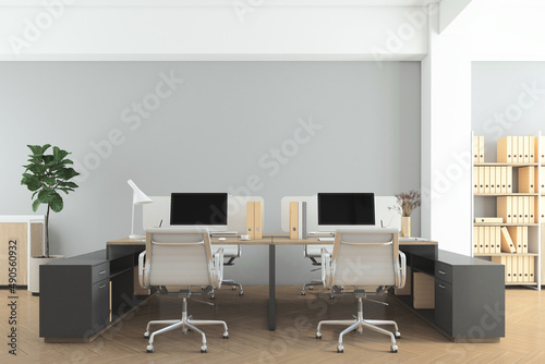 Office room with minimalist furniture, gray wall and wood floor. 3d rendering