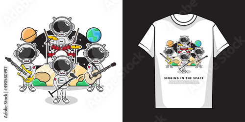 Illustration Vector Graphic of Cute Astronauts Play Music and Singing in the Space with Full Band and T-Shirt Mockup Design