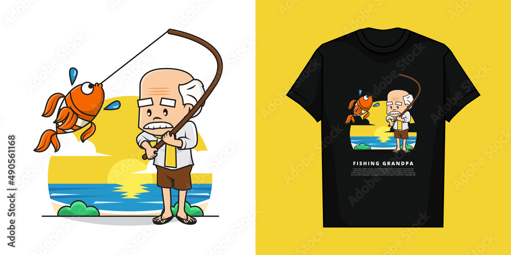 Fototapeta premium Illustration Vector Graphic of Grandfather is Fishing with T-Shirt Mockup Design