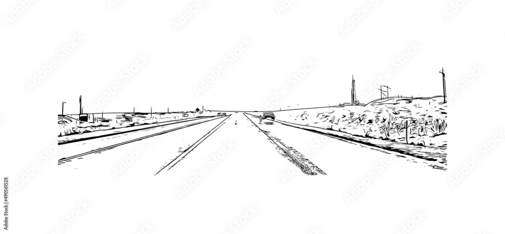 Building view with landmark of Moab is a city in eastern Utah. Hand drawn sketch illustration in vector.