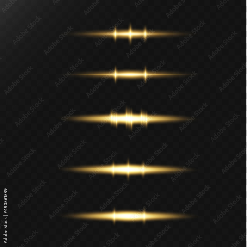 Yellow horizontal highlights. Laser beams, horizontal beams of light. Beautiful light flashes. Glowing stripes on a dark background. Glowing abstract sparkling background.