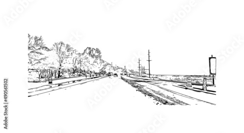 Building view with landmark of Moab is a city in eastern Utah. Hand drawn sketch illustration in vector.