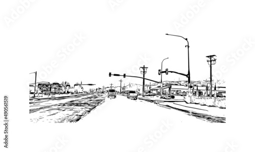 Building view with landmark of Moab is a city in eastern Utah. Hand drawn sketch illustration in vector.