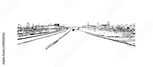Building view with landmark of Moab is a city in eastern Utah. Hand drawn sketch illustration in vector.