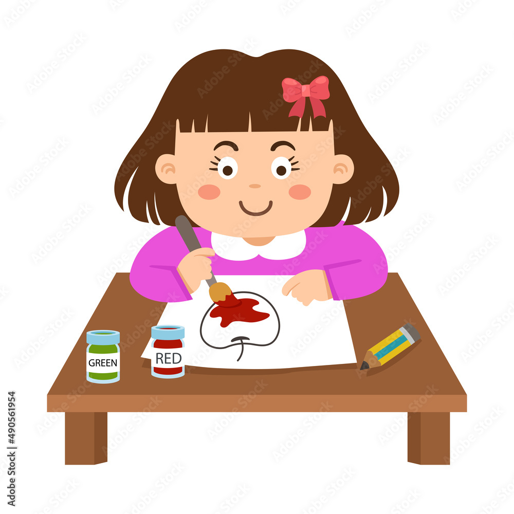 kid girl sitting at the table and paint vector illustration