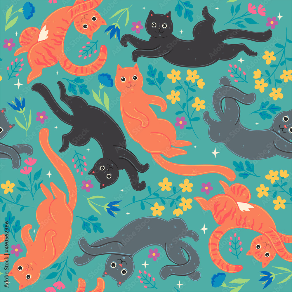 Fototapeta premium Seamless pattern with cute cats and flowers. Vector graphics.